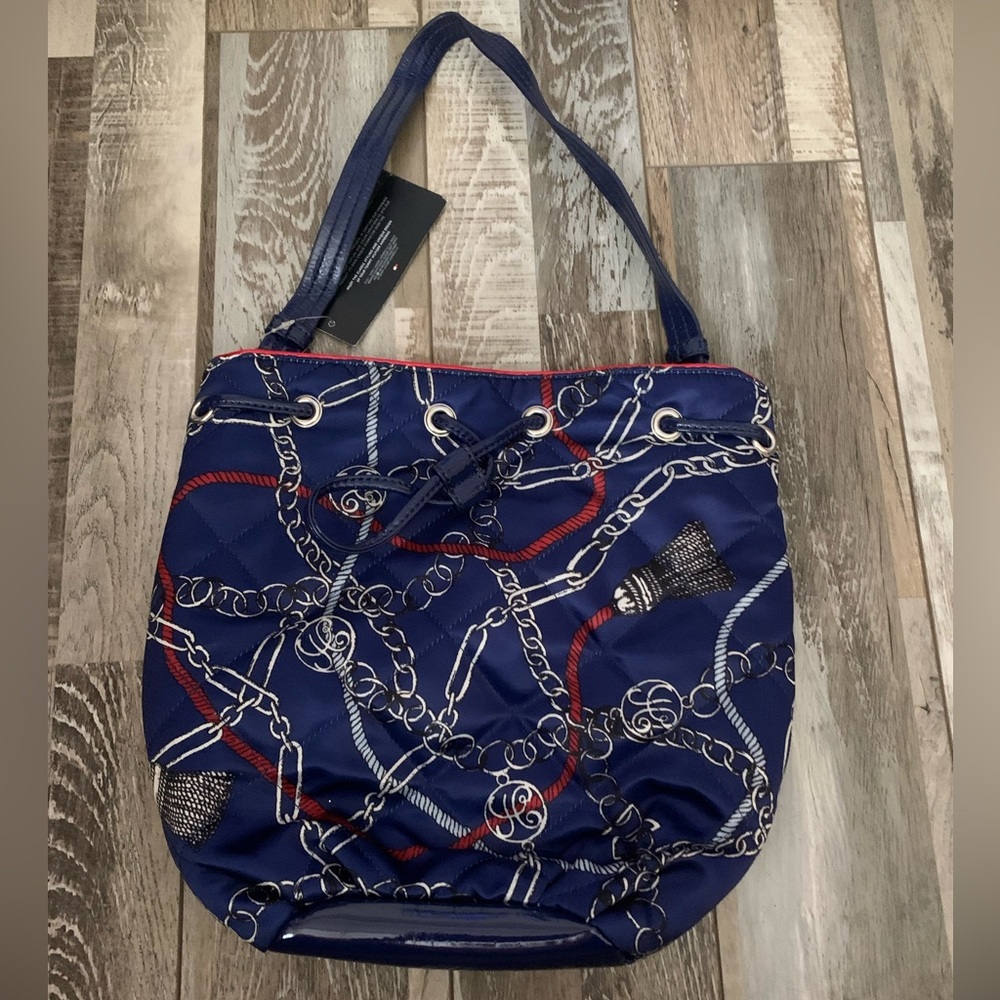 Tommy Hilfiger Satin Patent Leather Drawstring Red Blue Hobo Handbag New